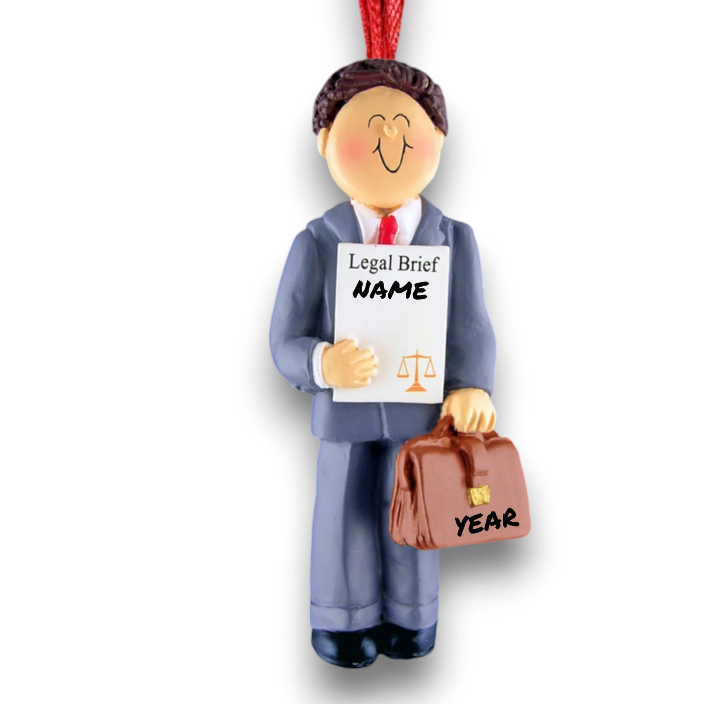 Personalized Brown Male Lawyer Christmas Ornament with Briefcase and Legal Document – Custom Name and Year Resin Ornament