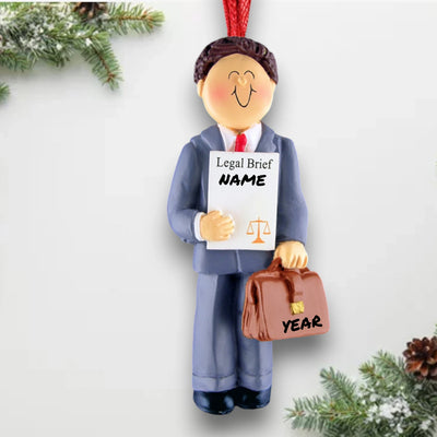 Personalized Brown Male Lawyer Christmas Ornament with Briefcase and Legal Document – Custom Name and Year Resin Ornament