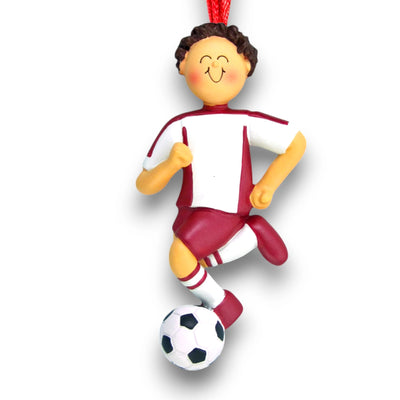 Personalized Brunette Male Soccer Ornament with Red Uniform, dribbling a soccer ball, customizable with name and year.