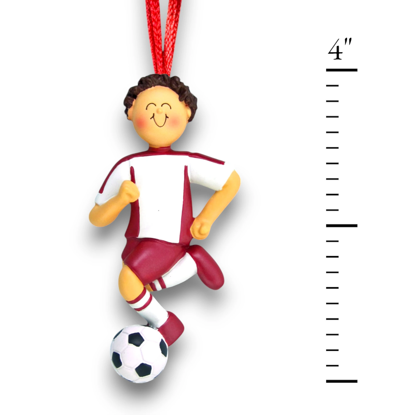 Personalized Brunette Male Soccer Ornament with Red Uniform, dribbling a soccer ball, customizable with name and year.