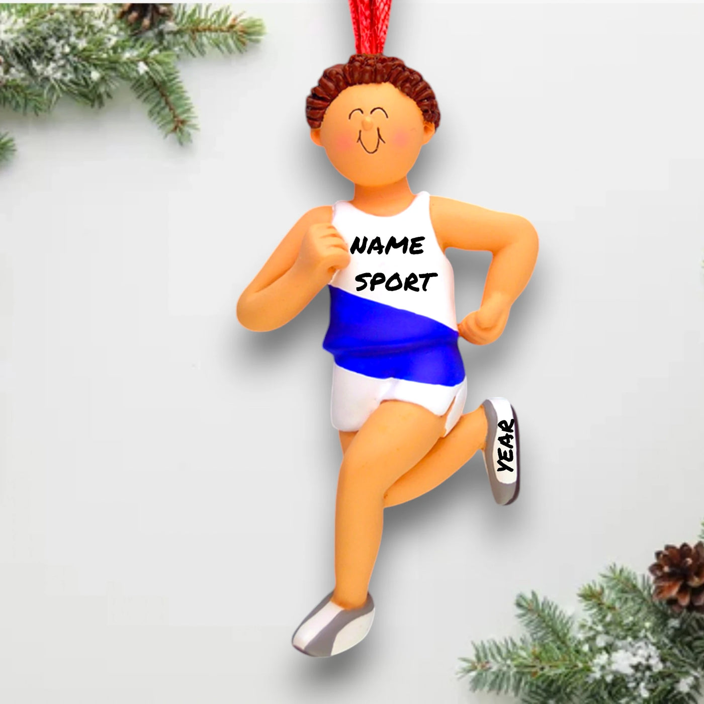 Personalized Brunette Male Runner Ornament with Custom Name and Sport – Resin Christmas Ornament