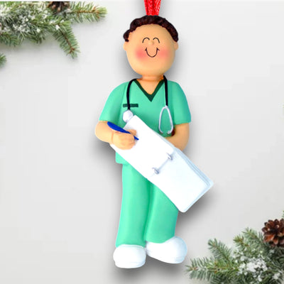 Personalized Brunette Male Nurse Ornament in Green Scrubs with Clipboard – Custom Name and Year Resin Ornament