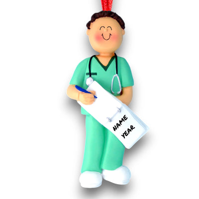 Personalized Brunette Male Nurse Ornament in Green Scrubs with Clipboard – Custom Name and Year Resin Ornament