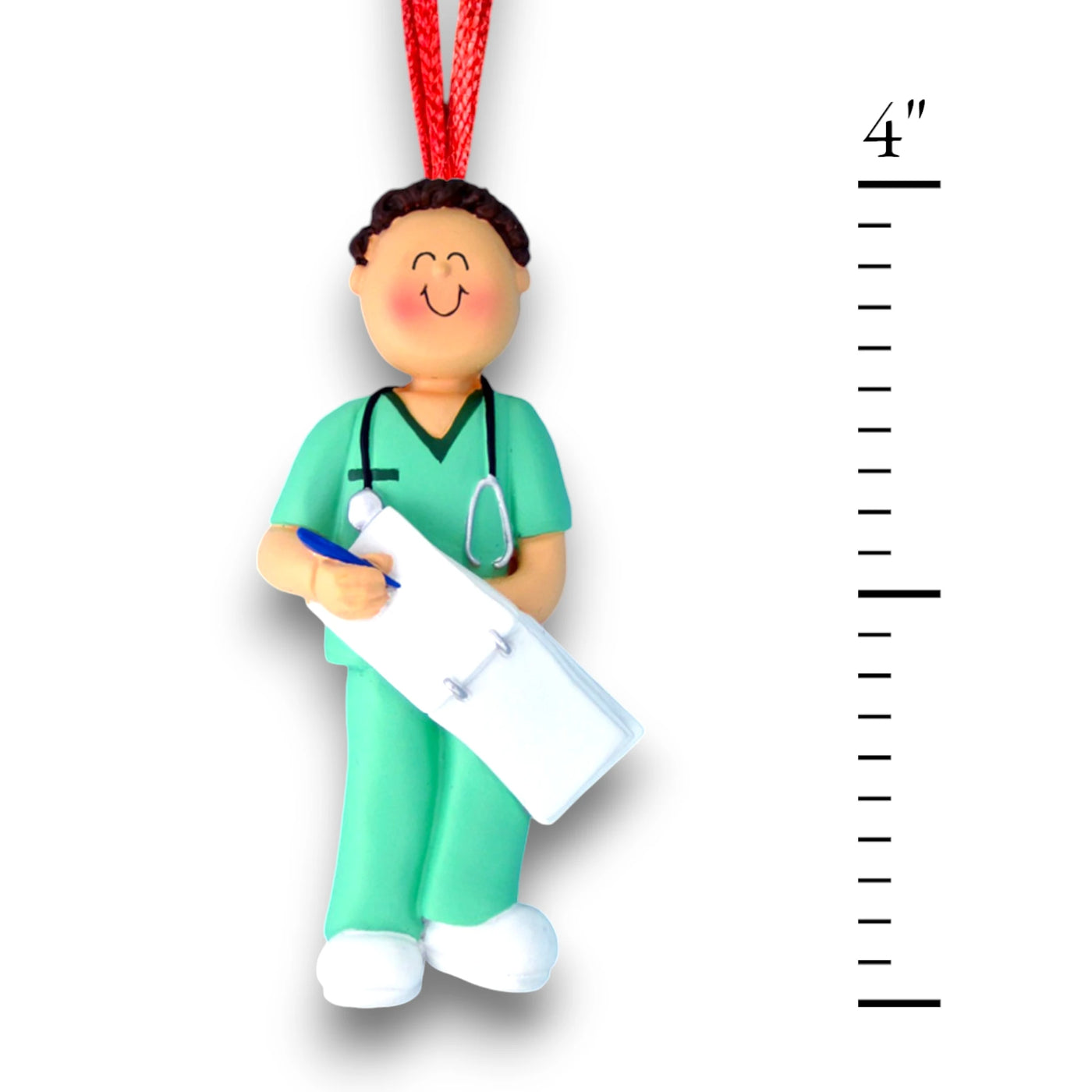 Personalized Brunette Male Nurse Ornament in Green Scrubs with Clipboard – Custom Name and Year Resin Ornament