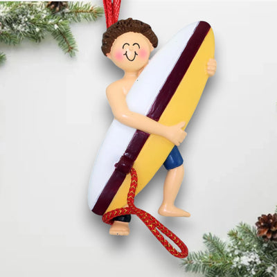 Personalized Brunette Male Surfer Ornament holding a surfboard with customizable name, year, and message – Polyresin Christmas ornament.