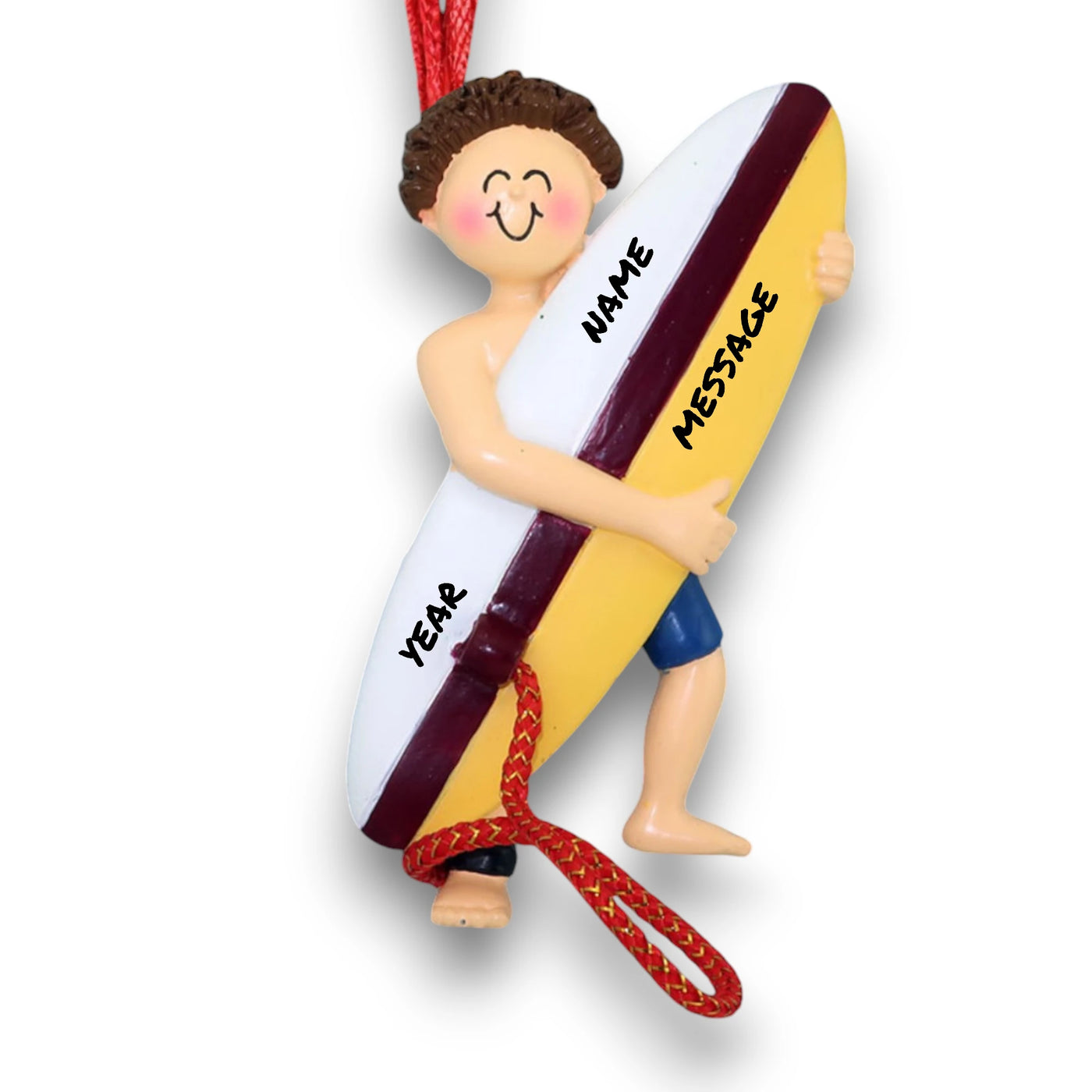 Personalized Brunette Male Surfer Ornament holding a surfboard with customizable name, year, and message – Polyresin Christmas ornament.