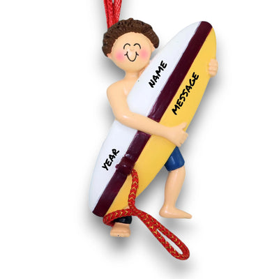 Personalized Brunette Male Surfer Ornament holding a surfboard with customizable name, year, and message – Polyresin Christmas ornament.