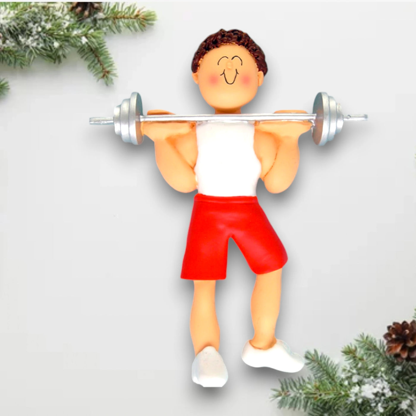 Personalized Brunette Male Weight Lifter Ornament with Barbell in Red Shorts – Custom Name, Number, and Year Resin Ornament