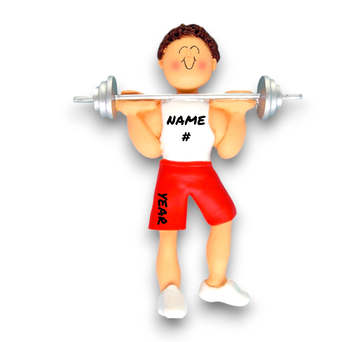 Personalized Brunette Male Weight Lifter Ornament with Barbell in Red Shorts – Custom Name, Number, and Year Resin Ornament