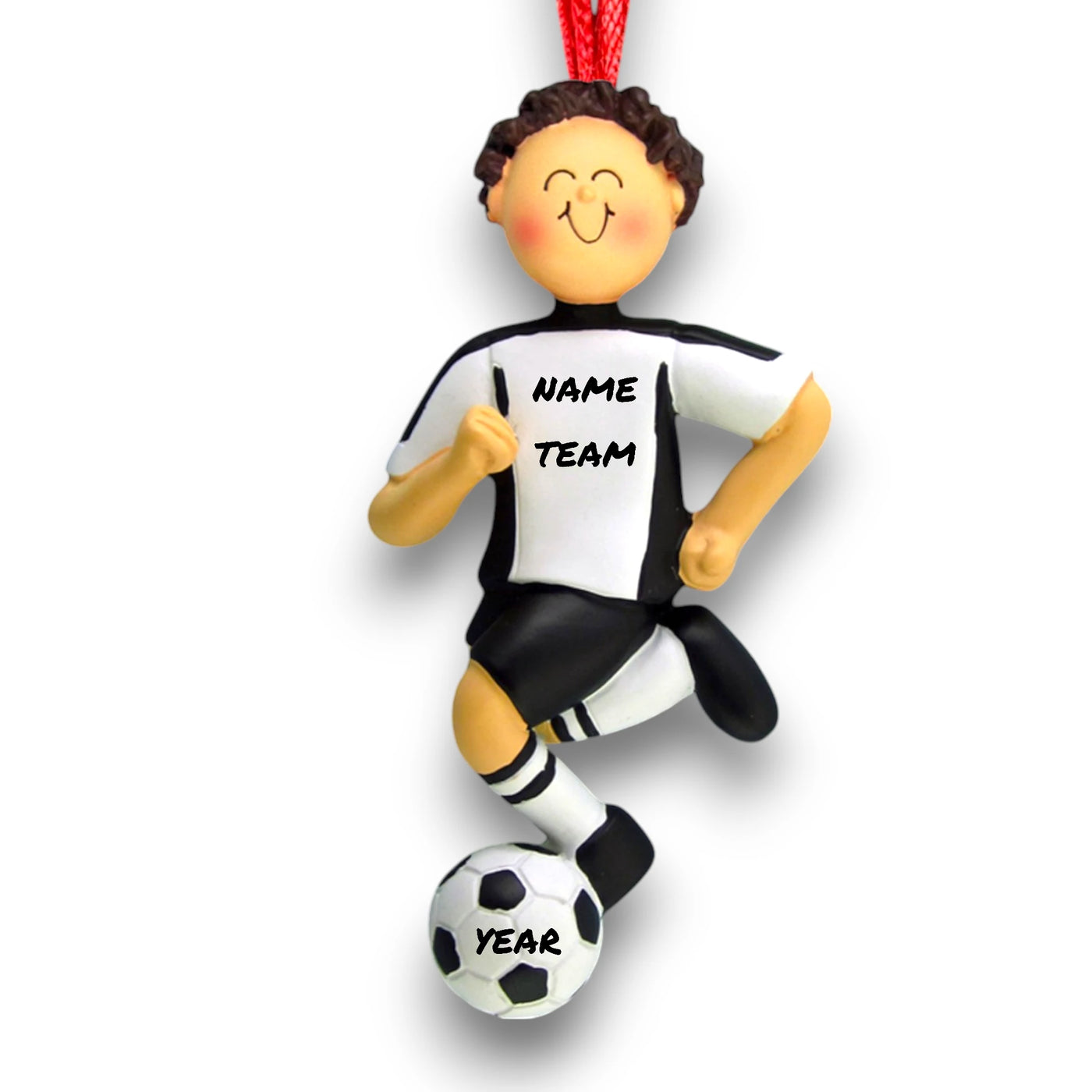 Personalized Soccer Ornament with a brunette male in a white uniform, dribbling a soccer ball, customizable with name, team, and year.