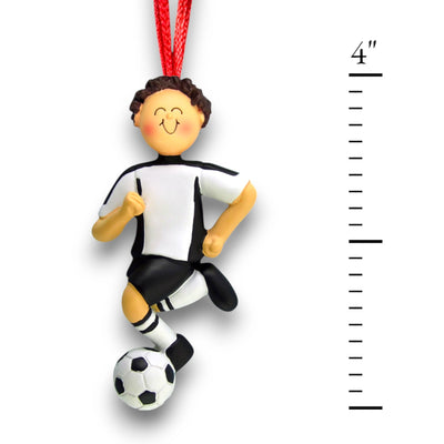 Personalized Soccer Ornament with a brunette male in a white uniform, dribbling a soccer ball, customizable with name, team, and year.