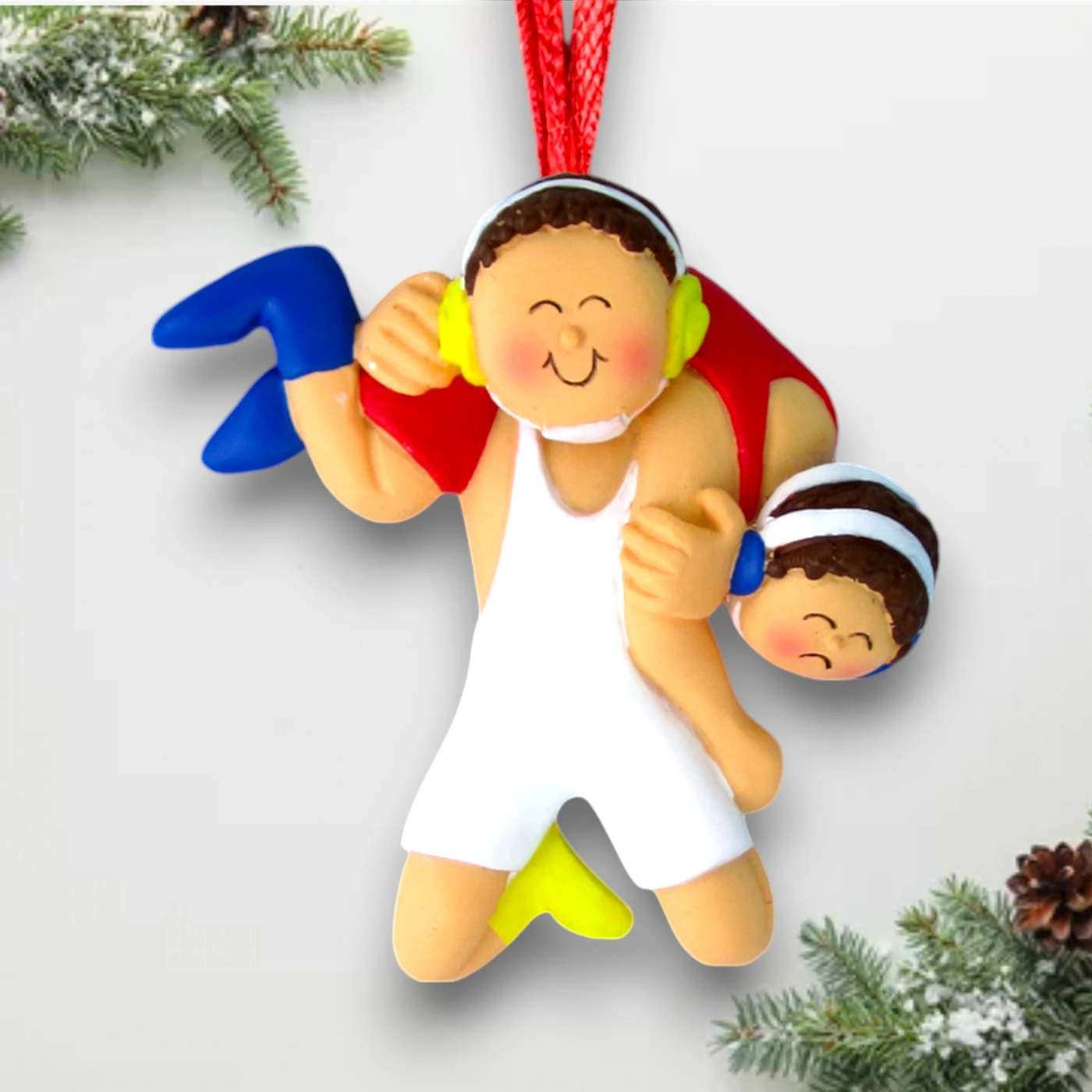 Personalized Brunette Male Wrestling Ornament featuring a young male wrestler in a singlet – Custom Name, Team, and Year Resin Ornament