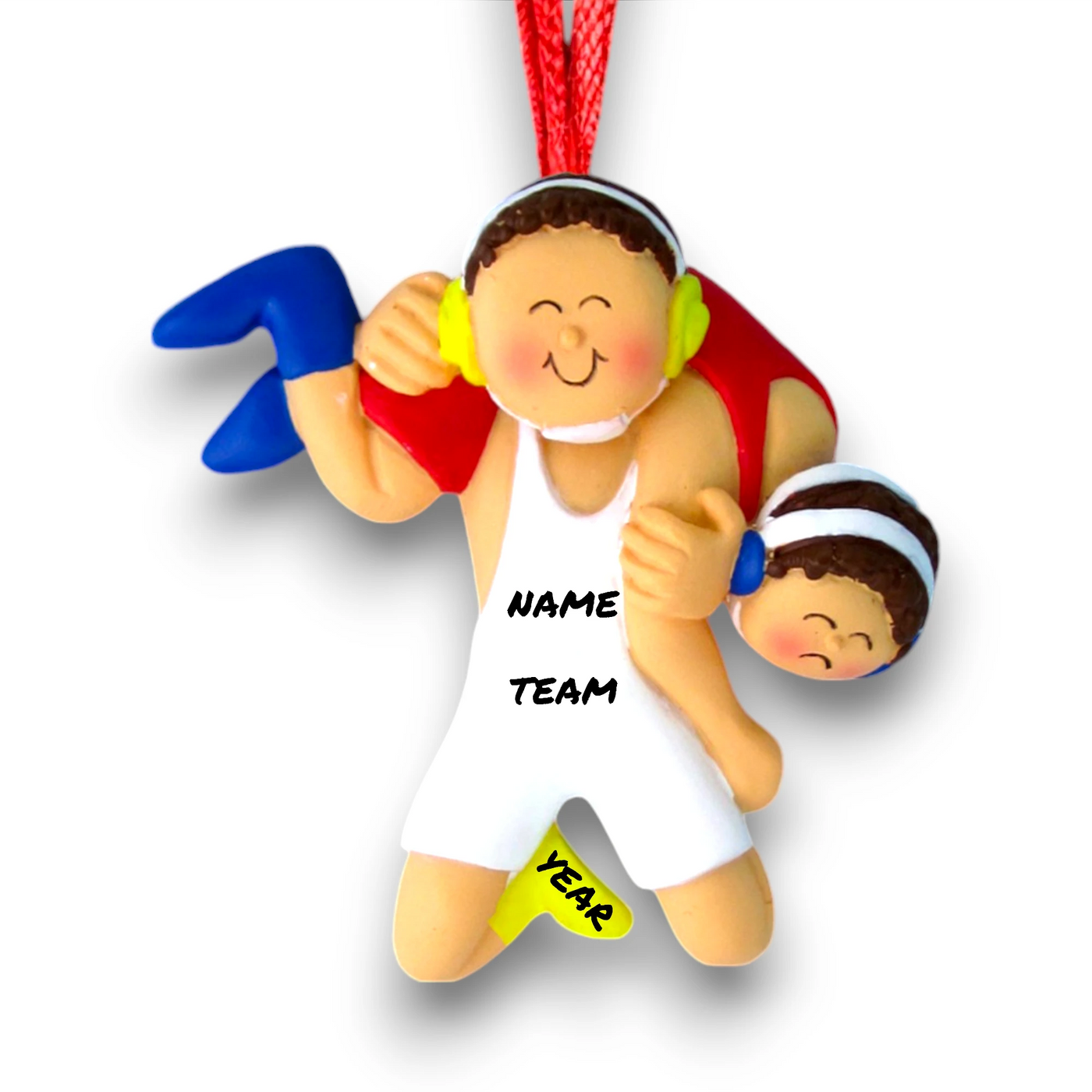 Personalized Brunette Male Wrestling Ornament featuring a young male wrestler in a singlet – Custom Name, Team, and Year Resin Ornament