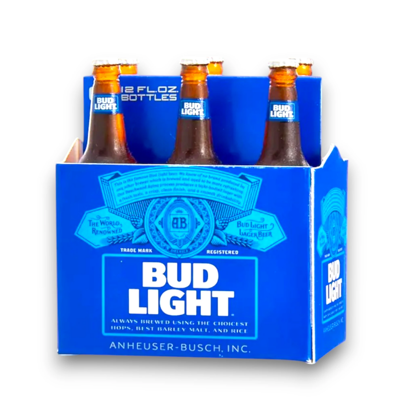 Personalized Bud Light 6 Pack Christmas Ornament featuring a detailed miniature of a Bud Light 6-pack box with customizable name and year.
