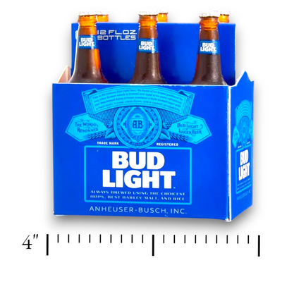 Personalized Bud Light 6 Pack Christmas Ornament featuring a detailed miniature of a Bud Light 6-pack box with customizable name and year.
