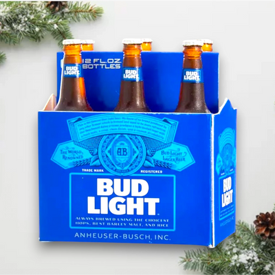 Personalized Bud Light 6 Pack Christmas Ornament featuring a detailed miniature of a Bud Light 6-pack box with customizable name and year.
