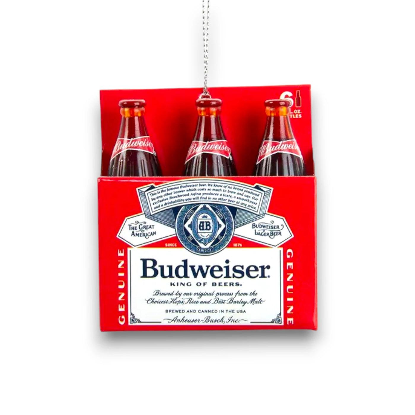 Personalized Budweiser 6-pack Christmas ornament featuring detailed bottles and red packaging, perfect for beer lovers.