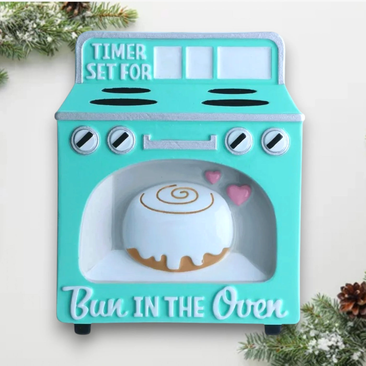 Personalized Bun in the Oven Christmas Ornament with customizable due date, featuring an oven and bun design for a pregnancy announcement.
