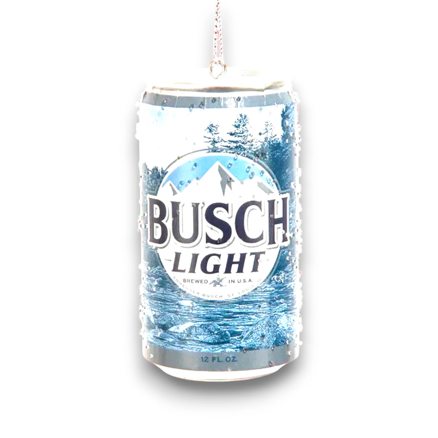 Personalized Busch Light Can Christmas Ornament featuring a realistic Busch Light beer can with frosty condensation details, customizable with name and year.
