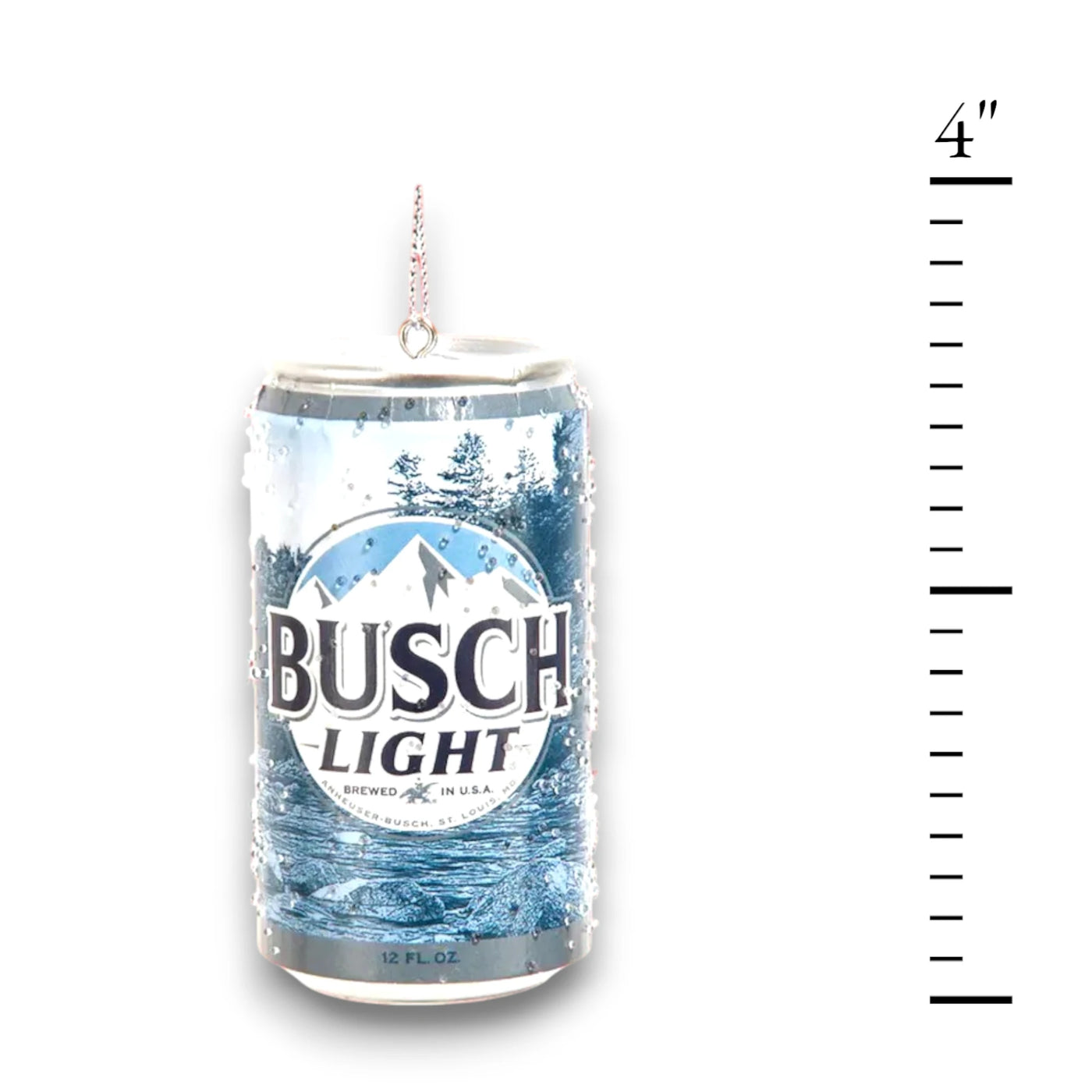 Personalized Busch Light Can Christmas Ornament featuring a realistic Busch Light beer can with frosty condensation details, customizable with name and year.
