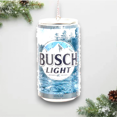 Personalized Busch Light Can Christmas Ornament featuring a realistic Busch Light beer can with frosty condensation details, customizable with name and year.
