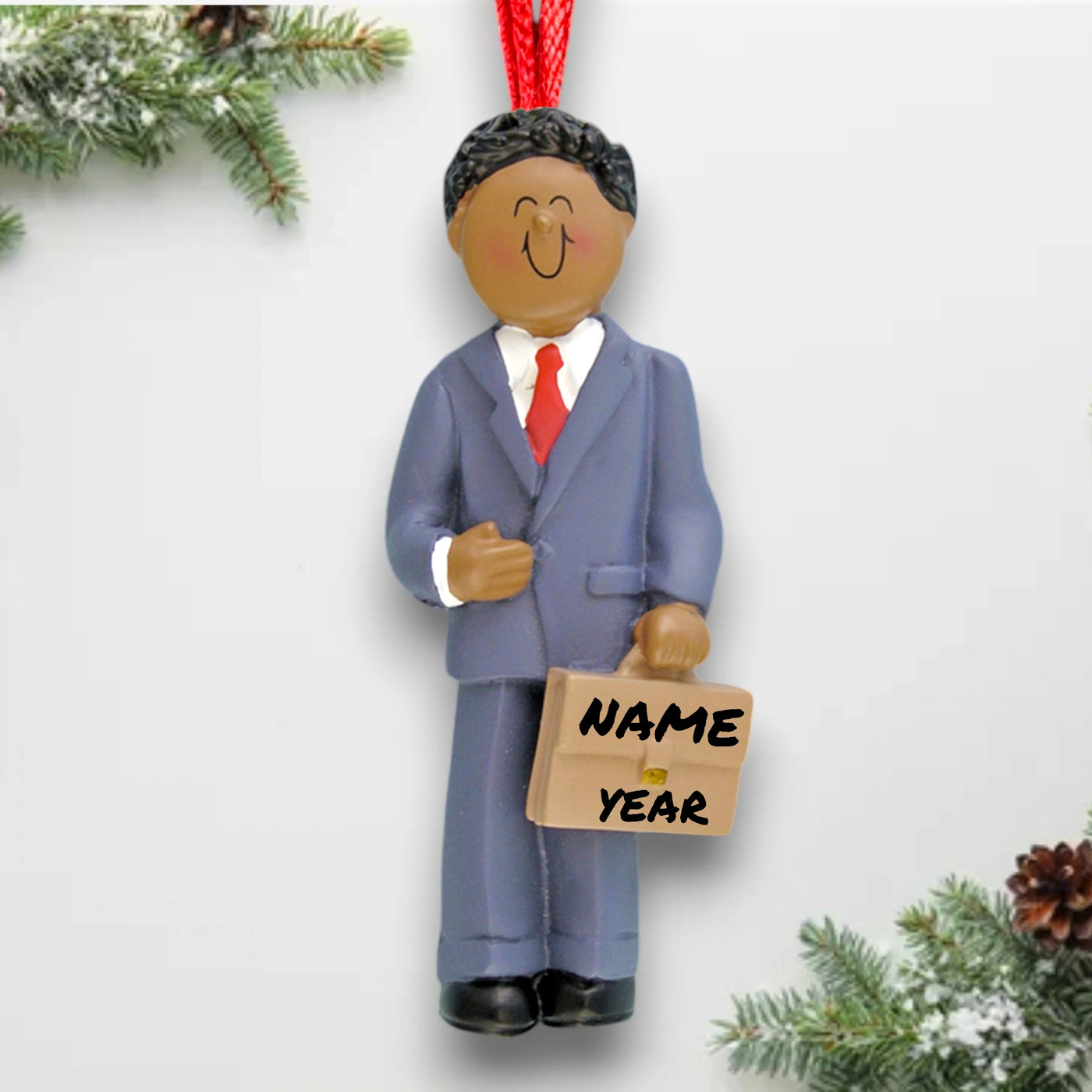 Personalized African American Male Businessperson Ornament with Suit and Briefcase – Custom Name and Year Resin Ornament