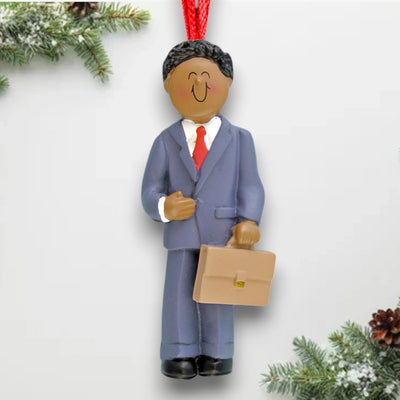 Personalized African American Male Businessperson Ornament with Suit and Briefcase – Custom Name and Year Resin Ornament