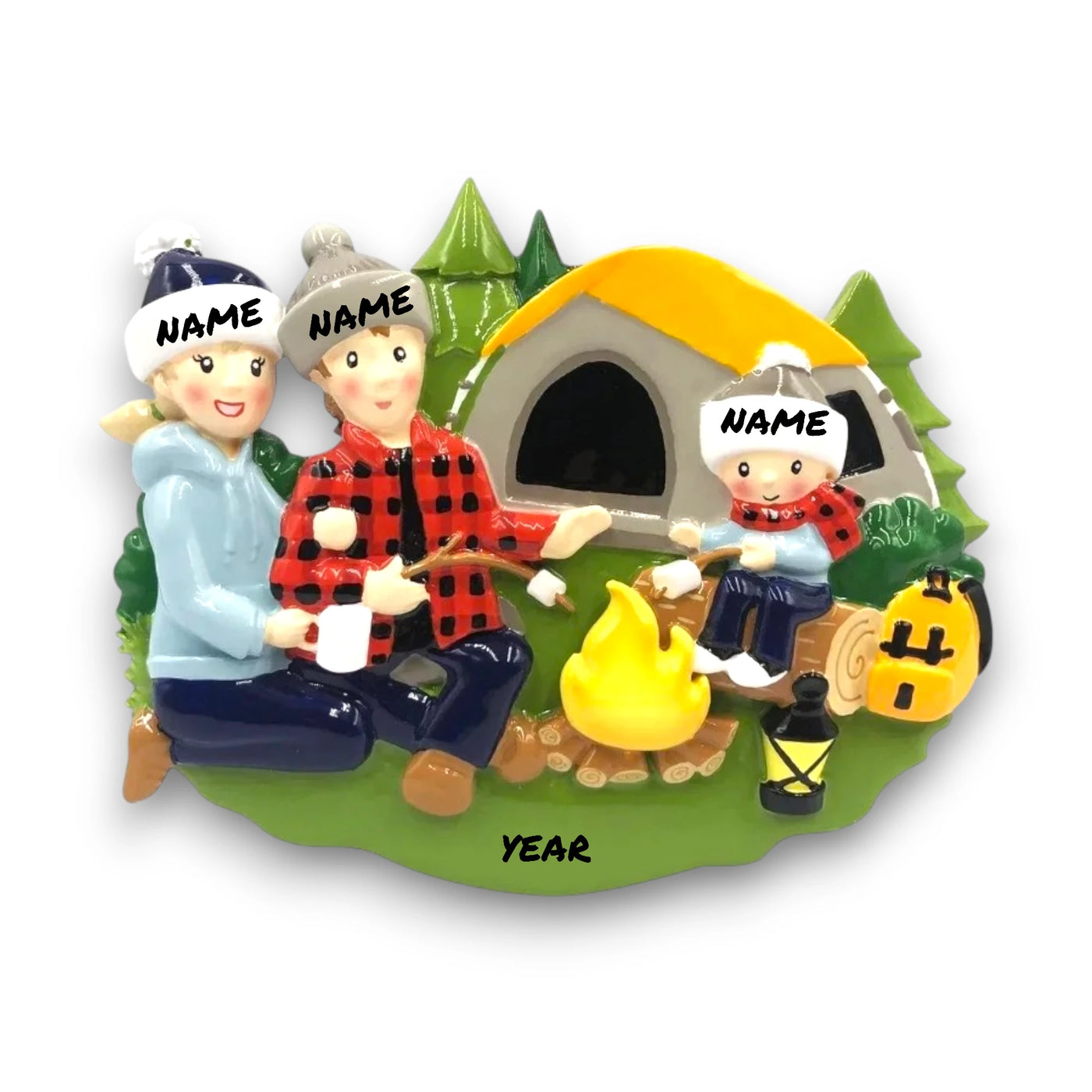  Personalized family of 3 camping ornament with family members around a campfire and tent, customizable with names and year.
