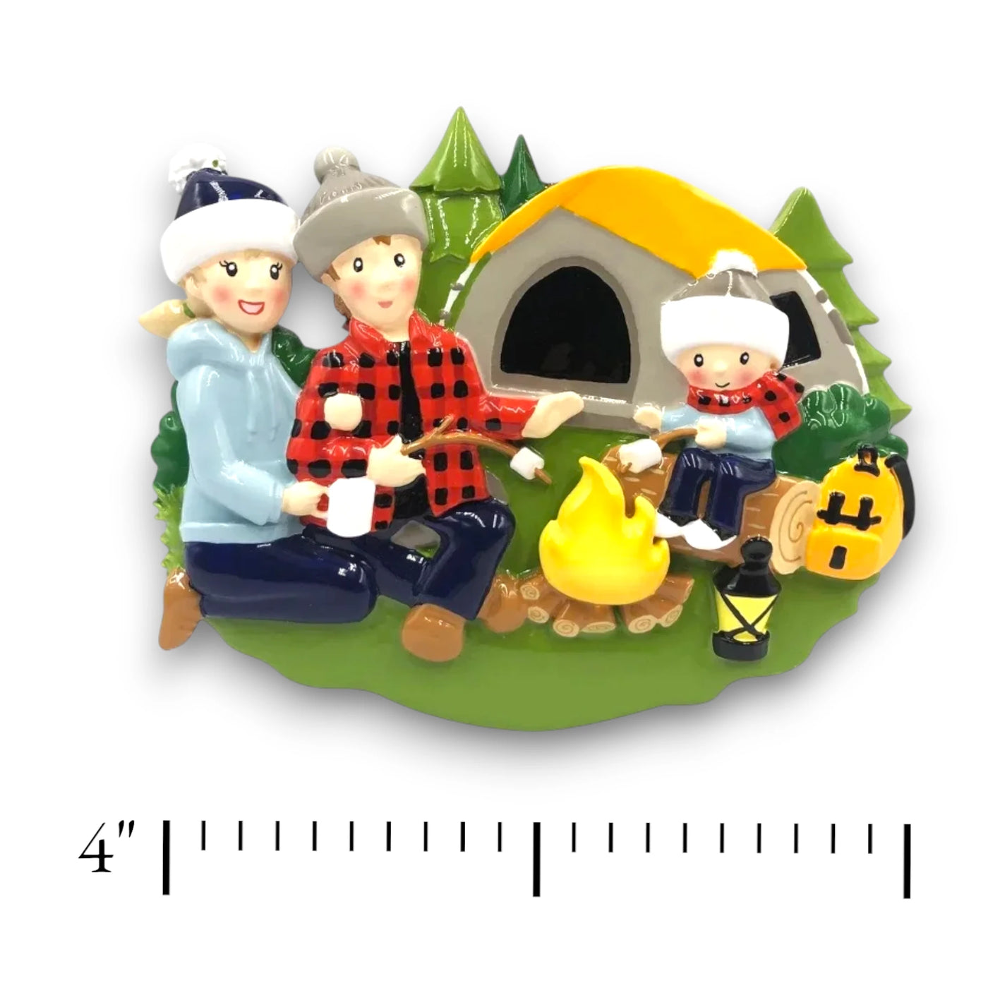  Personalized family of 3 camping ornament with family members around a campfire and tent, customizable with names and year.
