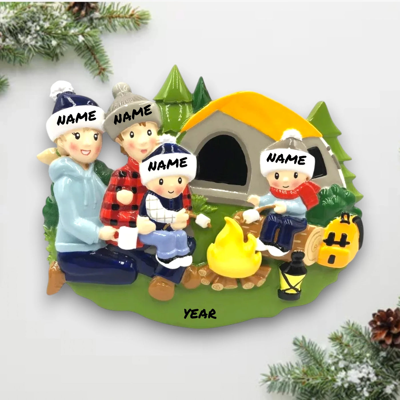  Personalized family of 4 camping ornament with family members around a campfire and tent, customizable with names and year.
