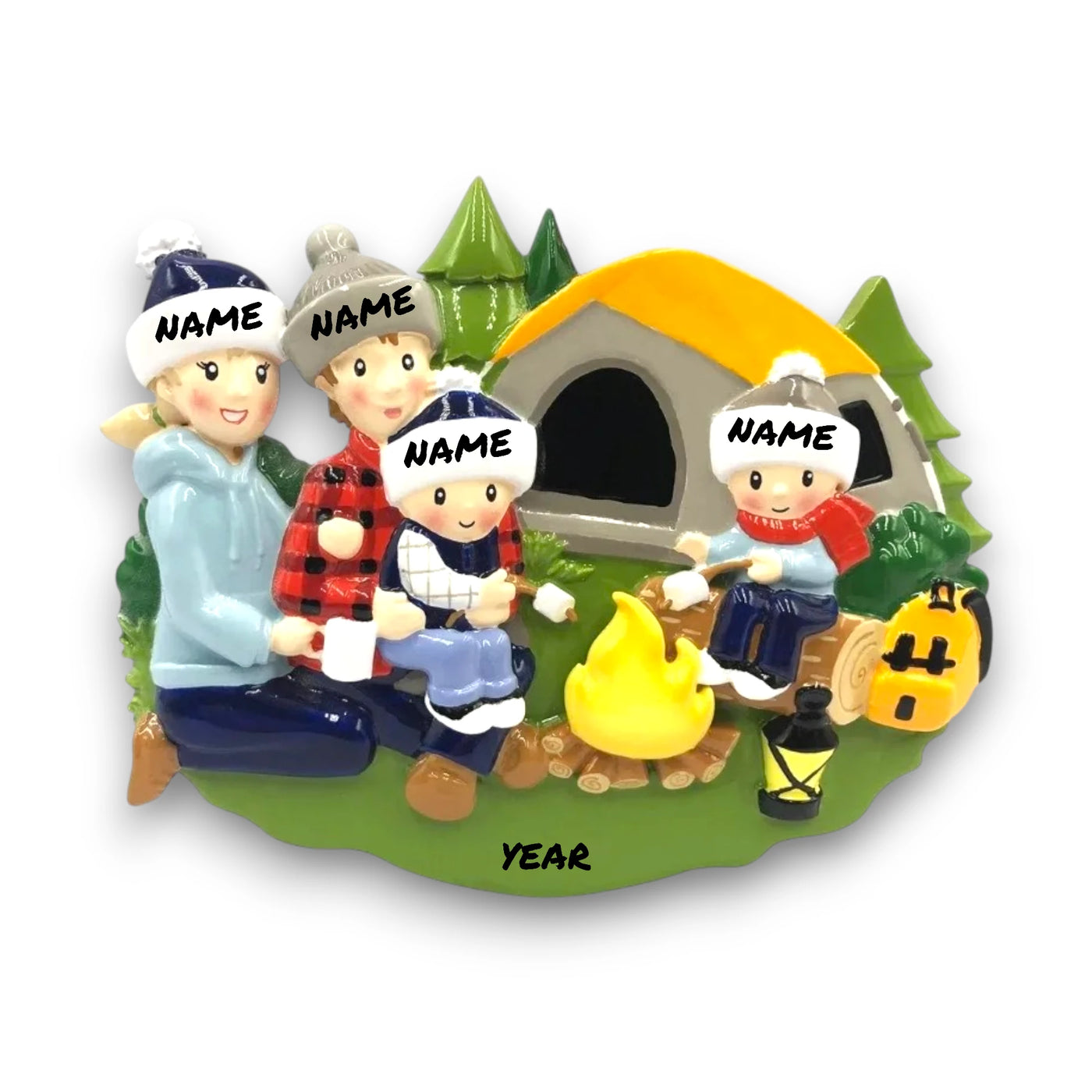  Personalized family of 4 camping ornament with family members around a campfire and tent, customizable with names and year.
