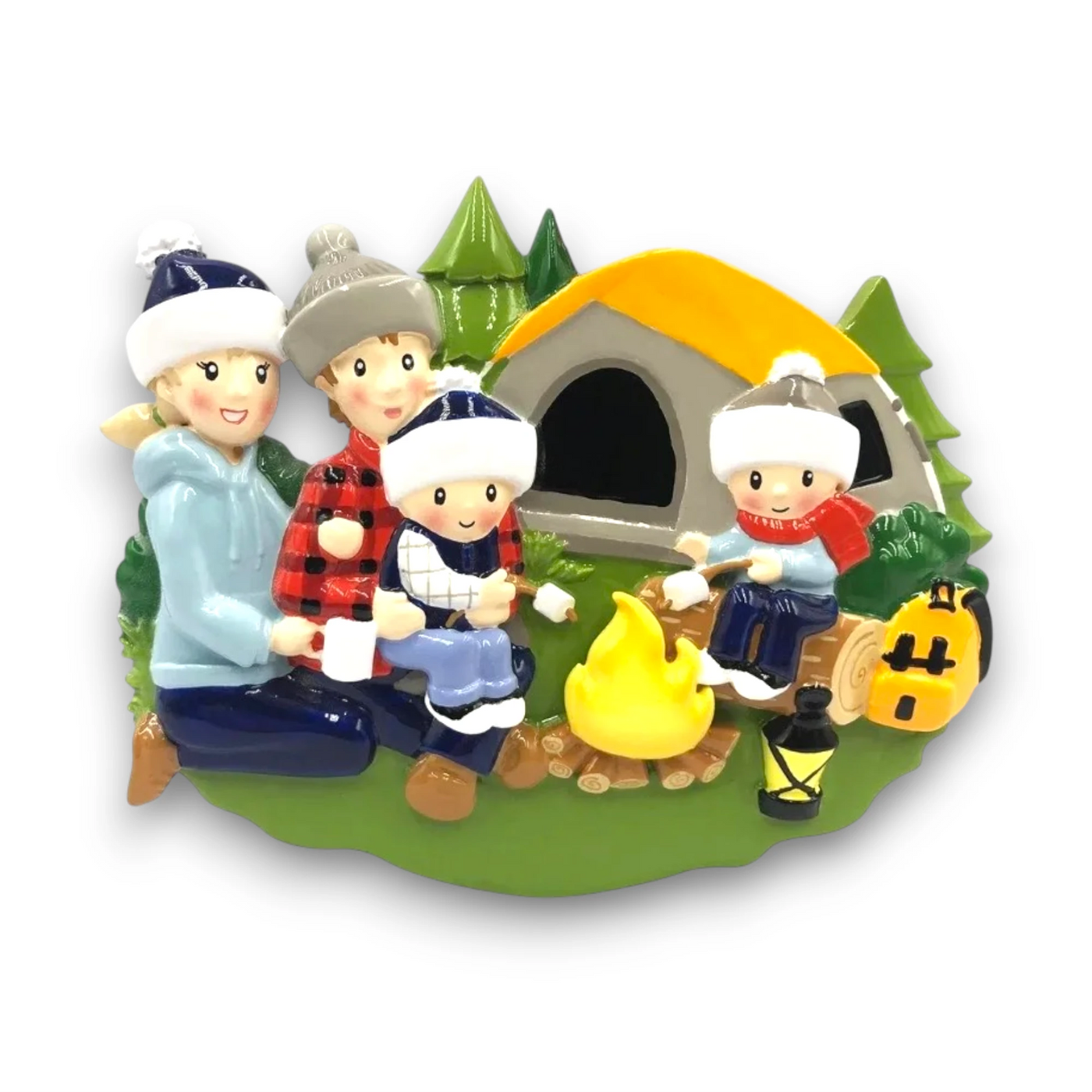  Personalized family of 4 camping ornament with family members around a campfire and tent, customizable with names and year.
