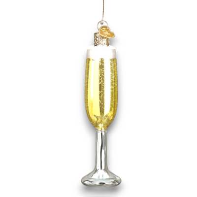 Personalized Champagne Flute Christmas Ornament featuring a golden champagne-filled flute with glittering accents, customizable with name and year.