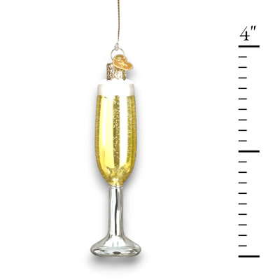 Personalized Champagne Flute Christmas Ornament featuring a golden champagne-filled flute with glittering accents, customizable with name and year.