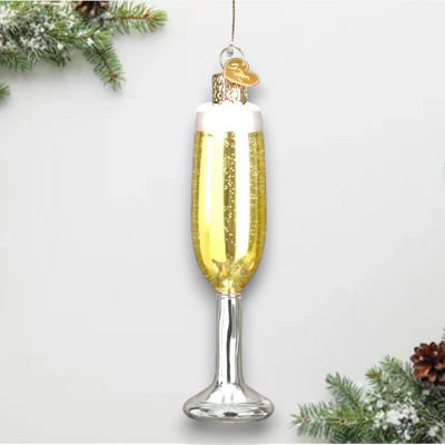 Personalized Champagne Flute Christmas Ornament featuring a golden champagne-filled flute with glittering accents, customizable with name and year.