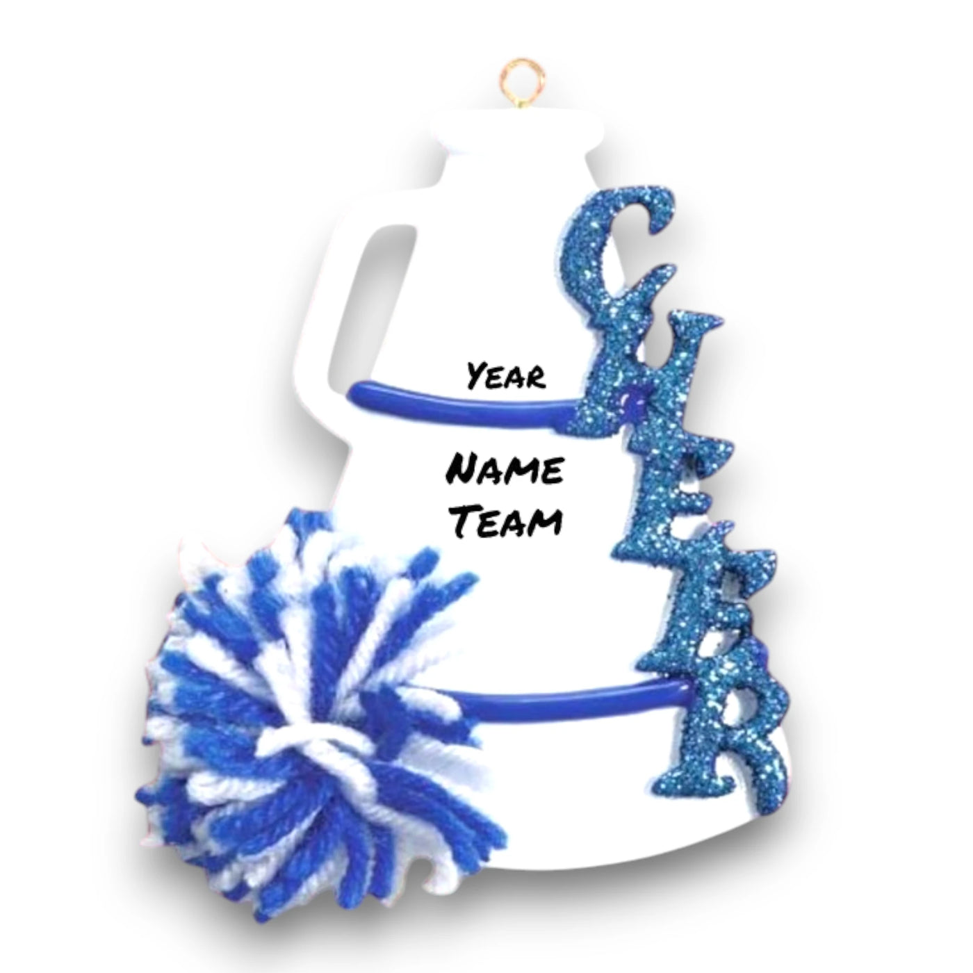 Personalized Cheer Blue Christmas Ornament featuring a glittery blue "CHEER" text, pom-pom, and megaphone with customizable name and year.

