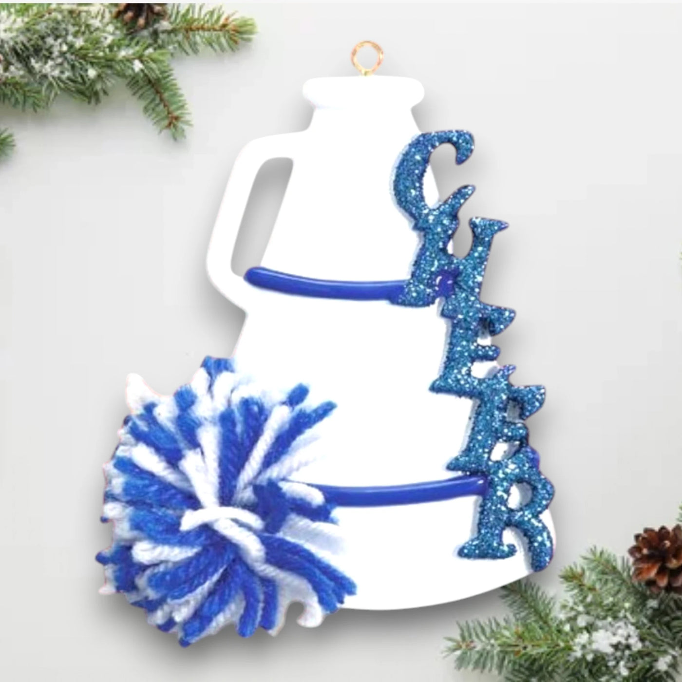 Personalized Cheer Blue Christmas Ornament featuring a glittery blue "CHEER" text, pom-pom, and megaphone with customizable name and year.

