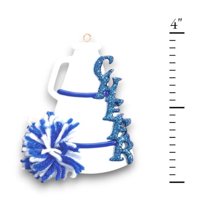 Personalized Cheer Blue Christmas Ornament featuring a glittery blue "CHEER" text, pom-pom, and megaphone with customizable name and year.

