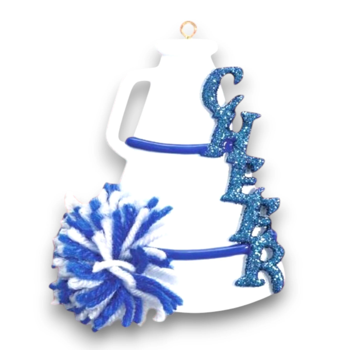 Personalized Cheer Blue Christmas Ornament featuring a glittery blue "CHEER" text, pom-pom, and megaphone with customizable name and year.