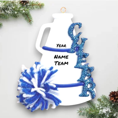 Personalized Cheer Blue Christmas Ornament featuring a glittery blue "CHEER" text, pom-pom, and megaphone with customizable name and year.

