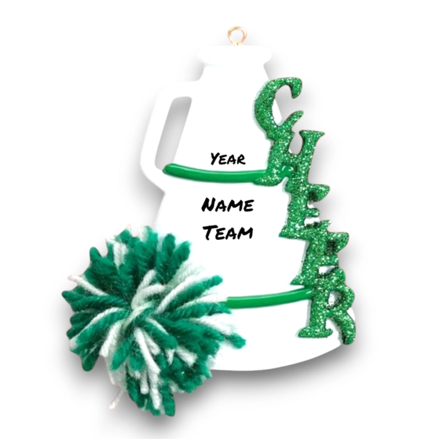 Personalized Cheer Green Christmas Ornament featuring a glittery green "CHEER" text, pom-pom, and megaphone with customizable name and year.

