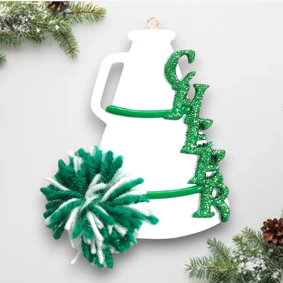 Personalized Cheer Green Christmas Ornament featuring a glittery green "CHEER" text, pom-pom, and megaphone with customizable name and year.

