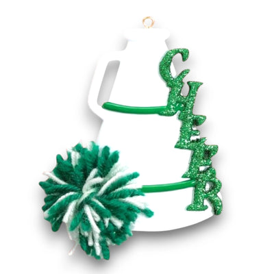 Personalized Cheer Green Christmas Ornament featuring a glittery green "CHEER" text, pom-pom, and megaphone with customizable name and year.

