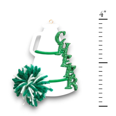 Personalized Cheer Green Christmas Ornament featuring a glittery green "CHEER" text, pom-pom, and megaphone with customizable name and year.

