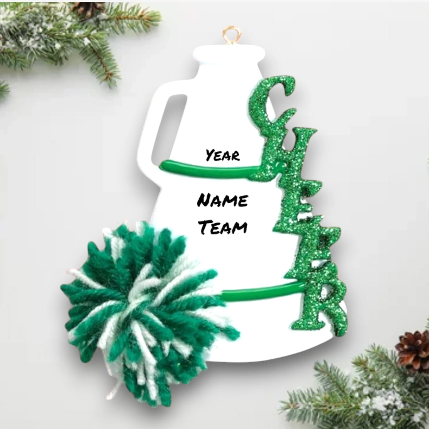 Personalized Cheer Green Christmas Ornament featuring a glittery green "CHEER" text, pom-pom, and megaphone with customizable name and year.

