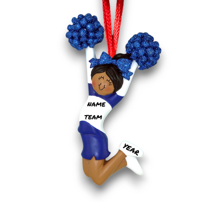 Personalized African American Cheerleader Ornament with Blue Uniform and Sparkling Pom-Poms – Customizable Christmas Ornament