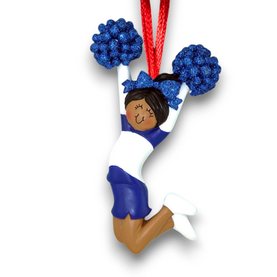 Personalized African American Cheerleader Ornament with Blue Uniform and Sparkling Pom-Poms – Customizable Christmas Ornament