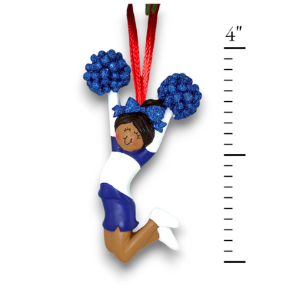 Personalized African American Cheerleader Ornament with Blue Uniform and Sparkling Pom-Poms – Customizable Christmas Ornament