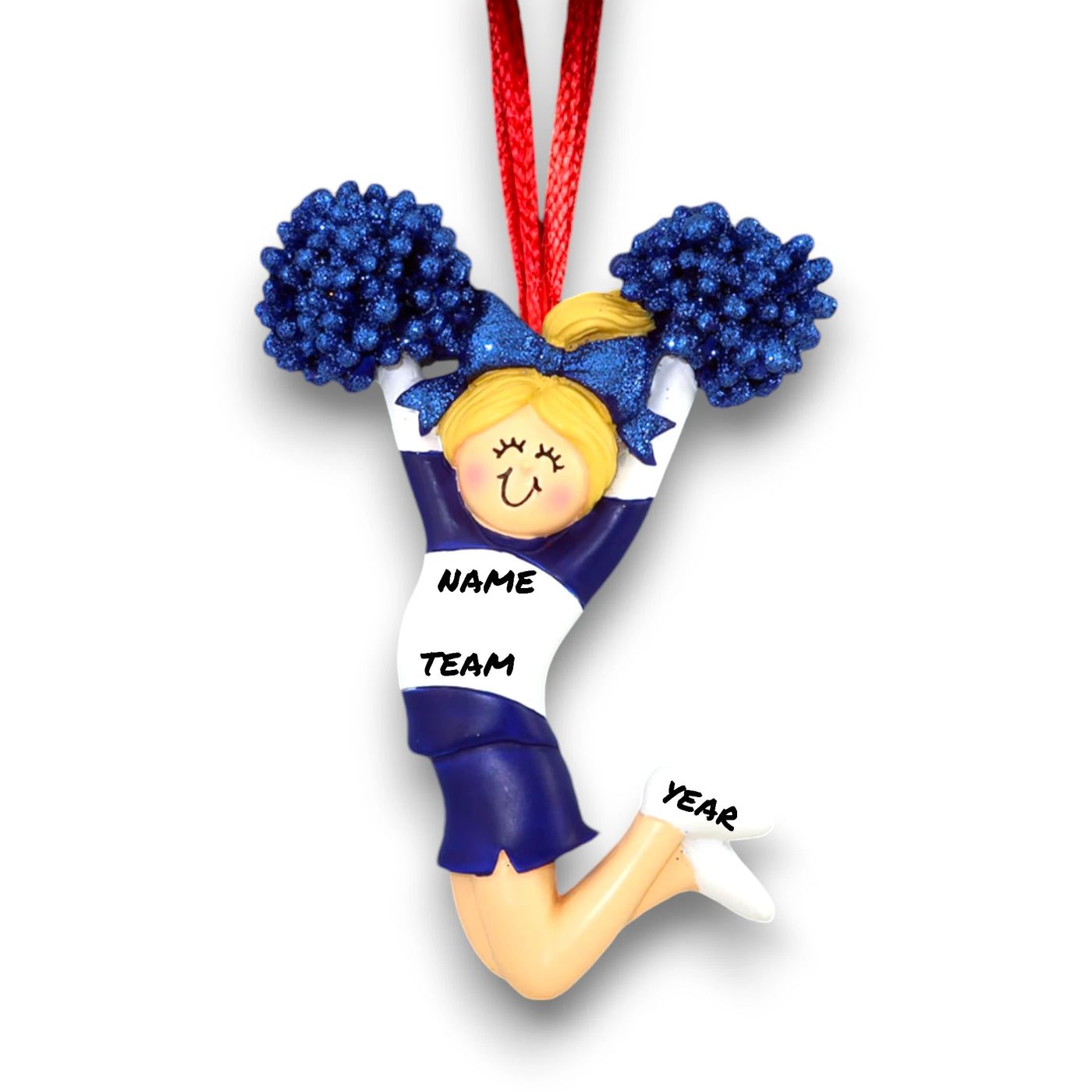 Personalized Cheerleader Blonde Female Christmas Ornament in Blue Uniform with Custom Name and Year – Resin Ornament