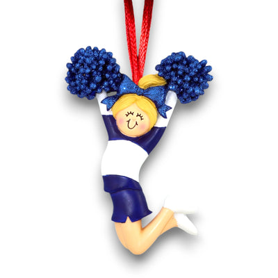 Personalized Cheerleader Blonde Female Christmas Ornament in Blue Uniform with Custom Name and Year – Resin Ornament